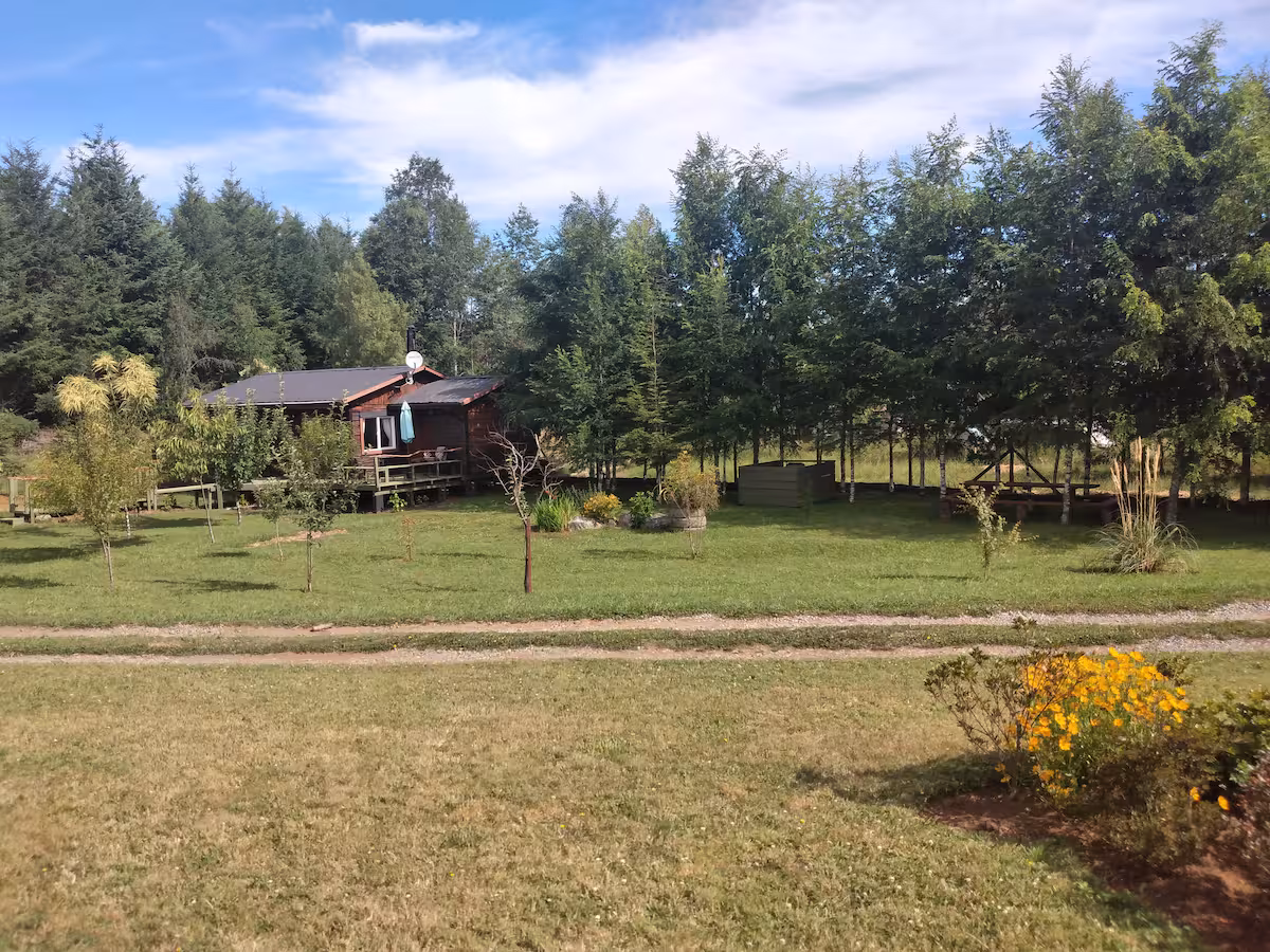 El prado del camping: pasto cortado, canchas de juego y la arboleda que lo rodea