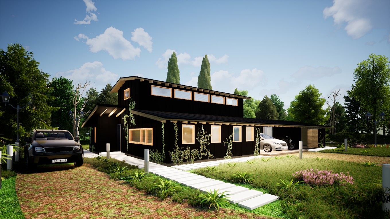 El mismo proyecto renderizado de día: casa alargada de dos aguas con revestimiento oscuro, jardín y camino de acceso.