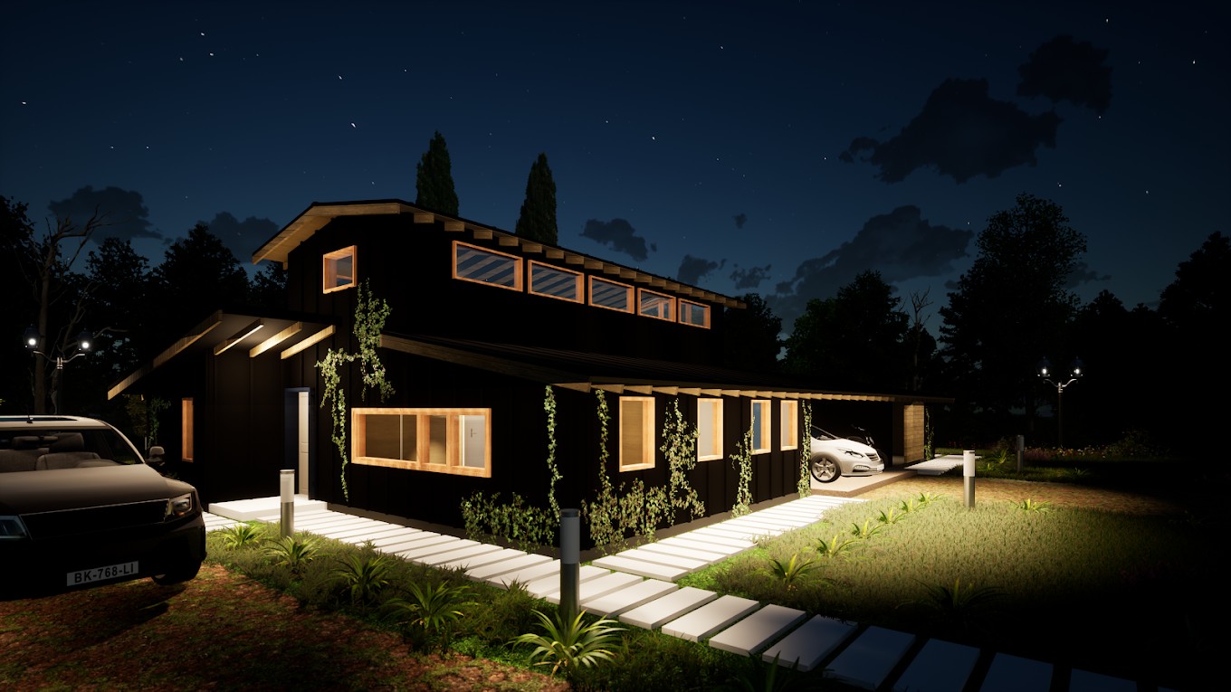 Render nocturno de una casa de dos aguas con ventanales iluminados, terraza y acceso empedrado, proyectada por ekla.