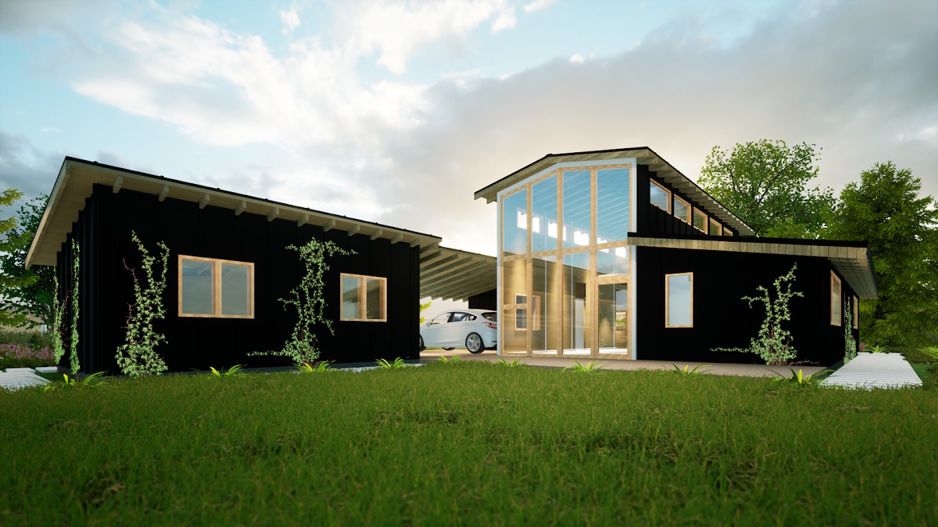 Render diurno de una casa negra de dos aguas con ventanal de doble altura, sobre un prado verde.