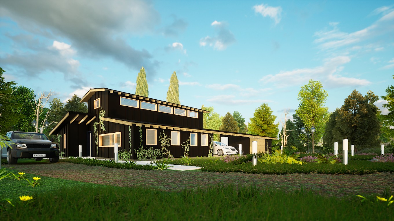 Render diurno de una vivienda de dos pisos con terraza cubierta, revestimiento oscuro y estacionamiento.