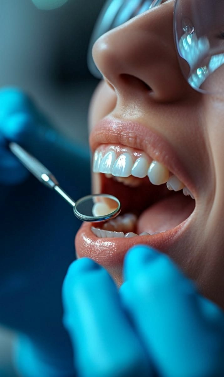 Revisión dental de cerca: el espejo del dentista junto a los dientes de una paciente con la boca abierta.