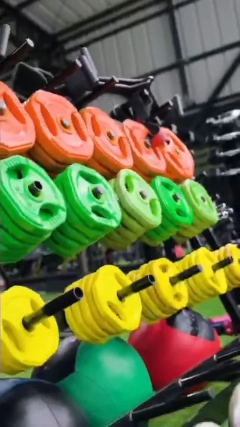 Kettlebells ordenadas en su soporte