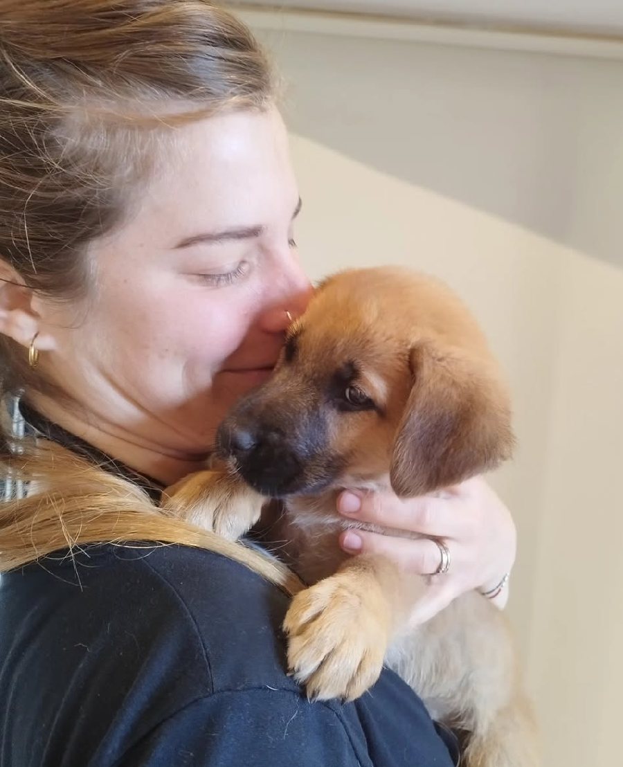 Una veterinaria de La Poza sostiene en brazos a un cachorro dentro de la consulta.