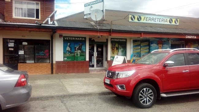 Fachada de la veterinaria en Pitrufquén: letrero «Veterinaria» sobre la puerta, entre una ferretería y otro local.